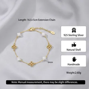 Elegantes 925 Sterling Silber Kleeblatt Armband mit natürlichen Muscheleinlagen