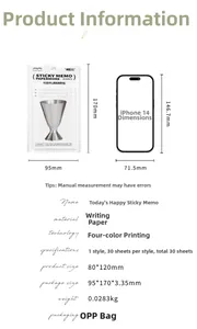 Detailed specs of wine glass sticky notes with size comparison against iPhone
