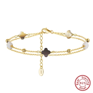 Double Layer Bracelet 925 Sterling Silver Shell Mother Of Artificial Pearl Four Leaf Clover Elegant Sweet Jewelry For Women