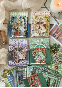 Macro detail of retro garden scrapbooking card set with floral patterns and twine tie