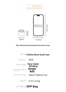 Comparaison de taille détaillée du ruban washi avec un téléphone et spécifications produits