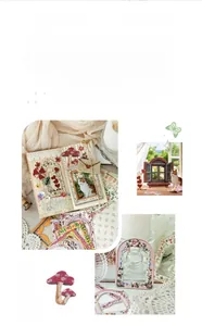 Detail of retro garden postal card material pack with mushrooms and botanical illustrations