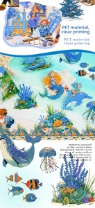Detail of PET fairy tale stickers featuring winter scenes and ocean life for DIY journals