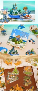 Close-up of decorative fairytale theme stickers applied on a leather journal cover