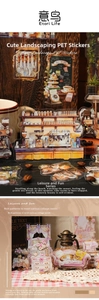 Macro detail of PET scenery stickers showing vintage cafe and cozy home decor designs