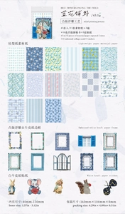 Detail of embossed floral scrapbook paper kit with vintage blue and white botanical patterns