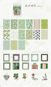 Flat lay of vintage garden stationery set including floral papers and embossed frames