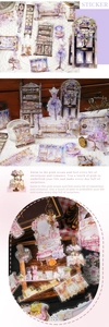 Close-up of PET stickers featuring vintage French furniture and floral garden scenery