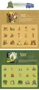 Detail of PET fairy tale stickers featuring forest and village themes for DIY scrapbooks