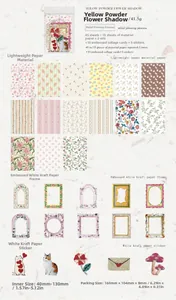 Detailed spread of vintage floral scrapbook paper set with embossed white kraft borders