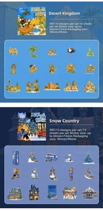 Macro detail of Dream Quest PET stickers featuring Desert Kingdom and Snowland themes