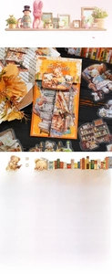 Macro view of waterproof PET decorative stickers featuring vintage bear and bookshelf themes