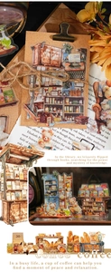Detail of vintage PET stickers featuring cozy library and coffee themes for scrapbooking