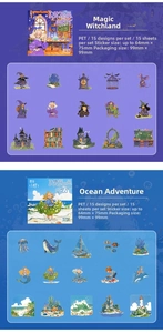 Detail view of fairy tale PET stickers featuring magical forest and ocean themes for scrapbooking