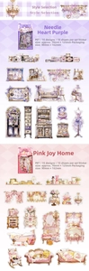 Macro detail of Victorian PET stickers featuring purple and pink vintage furniture and floral art