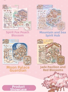 Detail of DIY stickers featuring 4 Chinese fantasy scenes including foxes and pagodas