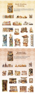 Detail view of retro PET stickers with watercolor books, bears, and coffee cafe themes