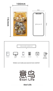 Detail view of vintage PET stickers with dimensions and iPhone X size comparison