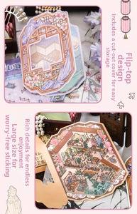 Macro detail of large cutout flip design stickers with traditional Chinese art scenery