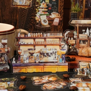 Vintage hand-drawn coffee shop theme PET stickers for journal decoration and creative DIY