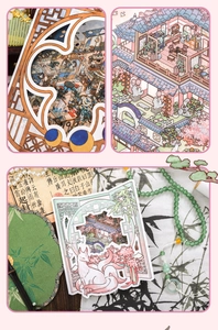 Detailed close-up of oriental paper stickers featuring mystical creatures and landscape