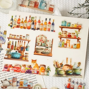 Watercolor PET stickers set featuring cute cats and kitchen items for journaling