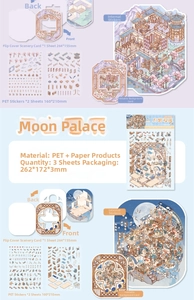 Detail view of DIY scrapbooking stickers with traditional Chinese moon palace landscape scenery