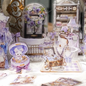 Vintage purple Victorian PET stickers with rabbit motifs for DIY planner decoration