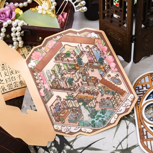 Ancient Chinese style 3D landscape stickers featuring traditional pavilions and floral scenes