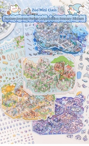 Close-up of oversized scrapbook stickers with detailed hand-drawn fairy tale forest scenes