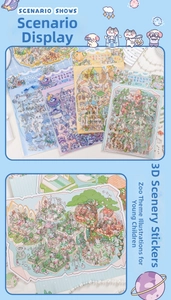 Close-up of Zoo and Fantasy theme miniature landscape stickers for creative scrapbooking