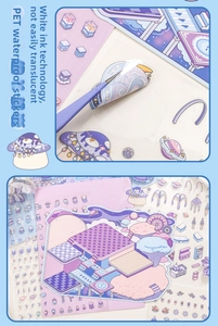Detail of dreamlike purple PET stickers showing waterproof material and white ink printing