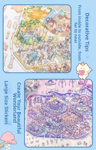 Detail of landscape stickers showing warm garden and purple starry space cabin themes