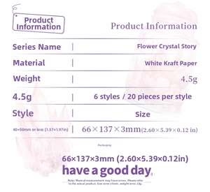 Detail specifications for Floral Crystal series stickers including 40x50mm size and 20 sheets