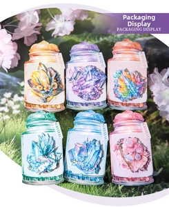 Detail display of six colorful crystal bottle stickers for DIY scrapbooking decoration