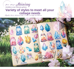 Macro detail of crystal theme stickers with vibrant gems for DIY journaling outdoors