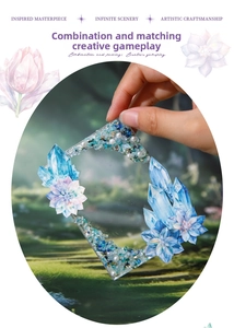 Macro detail of DIY crystal photo frame with blue flowers and pearls held over grass