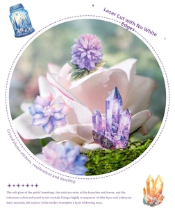 Macro view of crystal theme stickers with iridescent laser effect on white petals