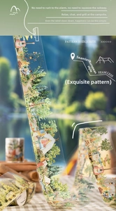 Dettaglio del nastro decorativo PET con illustrazioni di campeggio all'aperto e tende