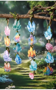 Detail of dreamlike crystal cluster hanging ornaments with leaves on a tree branch