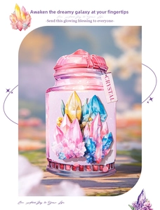 Macro shot of crystal theme jar stickers for DIY scrapbooking with floral illustrations