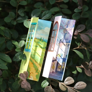 Watercolor landscape city scenery decorative bookmarks with hollow window design