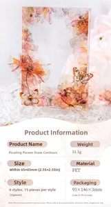 Macro shot of semi-transparent PET flower stickers with delicate hand-painted butterfly motifs
