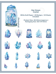 Macro view of blue crystal theme stickers set made of premium white kraft paper