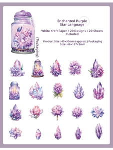 Detailed overview of 20pcs purple crystal and floral DIY stickers on white kraft paper