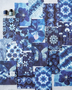 Blue aesthetic scrapbooking paper set with butterfly and floral tie-dye patterns