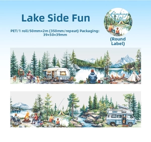 Dettaglio di nastro adesivo PET camping con illustrazioni di laghi e foreste per fai-da-te