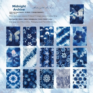 Midnight Archive cyanotype paper details showing 15 blue tie-dye butterfly designs