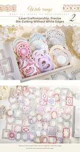 Detail of vintage lace stickers with laser-cut hollow frames for DIY scrapbooking decor