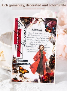 Vintage PET sticker showing a woman in a red coat with butterfly and floral patterns